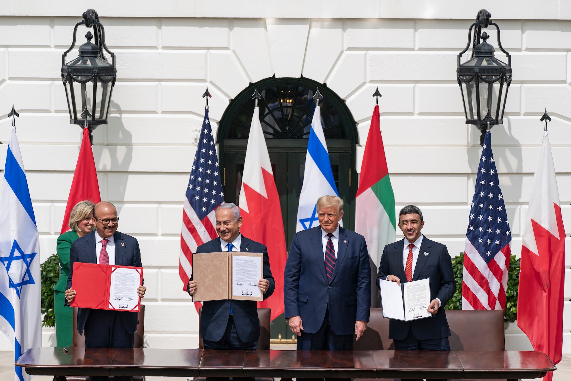 The Abraham Accords signatories at the White House on September 15, 2020. Pictured (L-R) Bahraini Foreign Minister Abdullatif bin Rashid Al Zayani, Israeli Prime Minister Benjamin Netanyahu, U.S. President Donald Trump, and Emirati Foreign Minister Abdullah bin Zayed Al Nahyan.