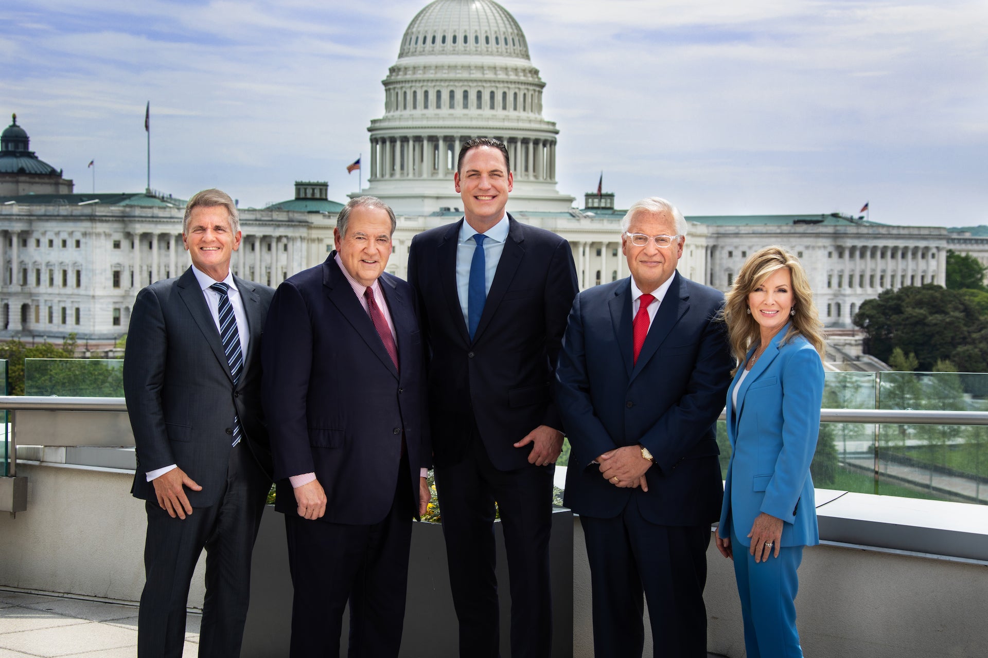 The Abraham Accords on TBN. (L-R) TBN's Matt Crouch, Governor Mike Huckabee, Erick Stakelbeck, Former Ambassador to Israel David Friedman and Laurie Crouch