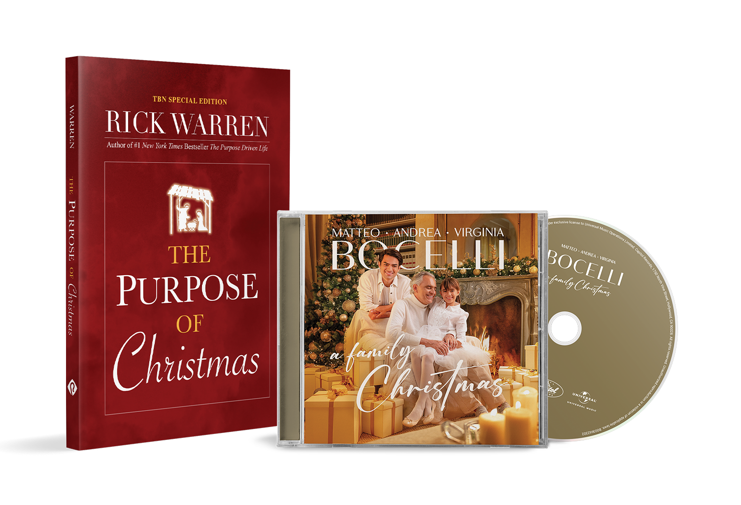 Receive The Purpose of Christmas by Rick Warren and holiday music CD Bocelli: A Family Christmas by Andrea Bocelli from TBN