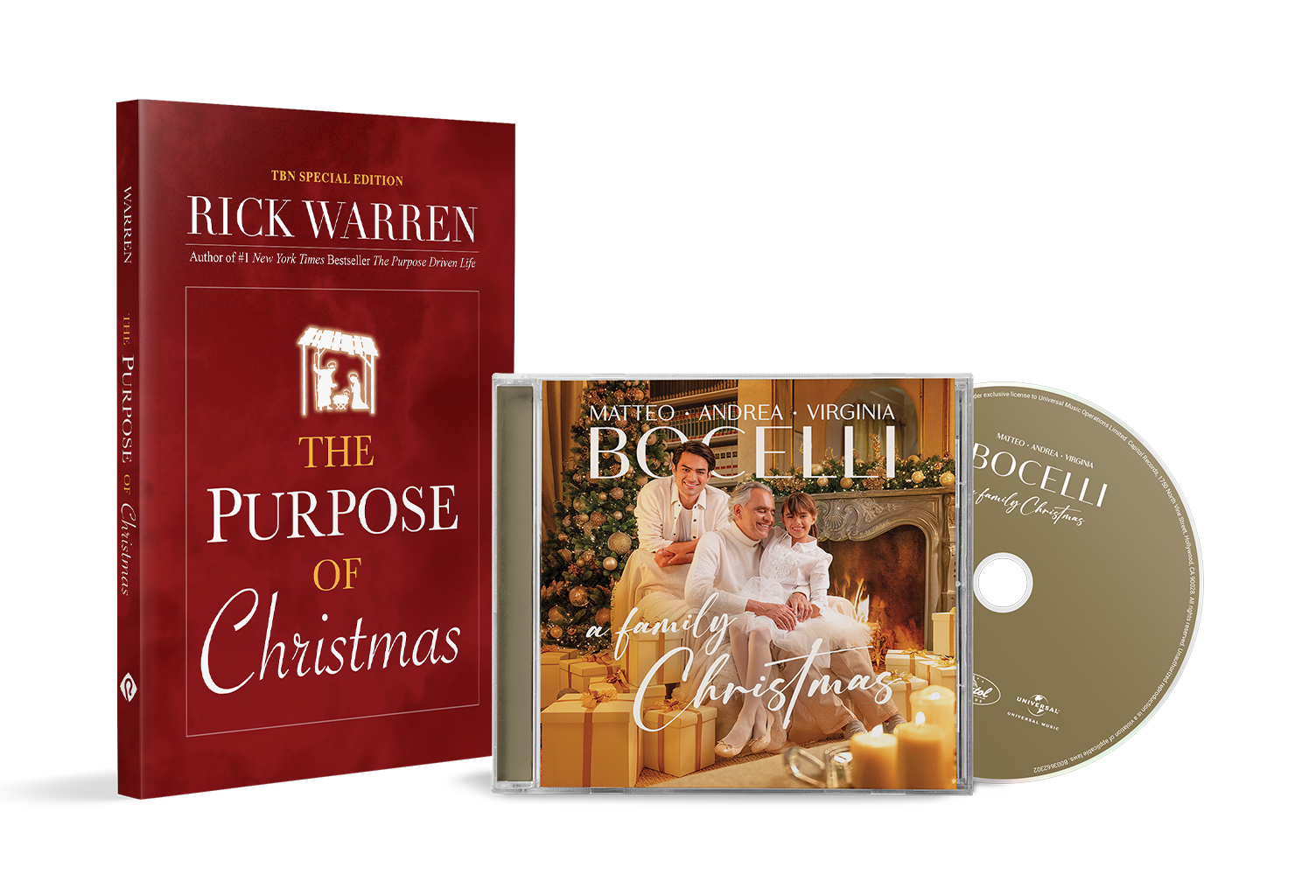 Receive The Purpose of Christmas by Rick Warren and holiday music CD Bocelli: A Family Christmas by Andrea Bocelli from TBN Receive The Purpose of Christmas by Rick Warren and holiday music CD Bocelli: A Family Christmas by Andrea Bocelli from TBN