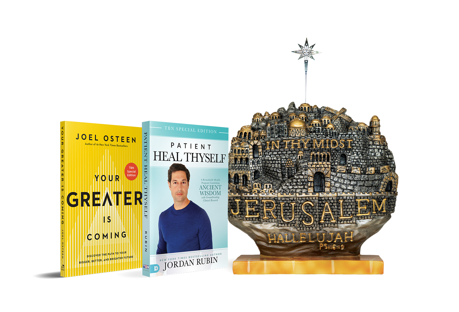 Receive Your Greater Is Coming by Joel Osteen, Patient Heal Thyself by Jordan Rubin books and Jerusalem in Thy Midst plaque, designed for TBN by craftsmen in Israel from TBN