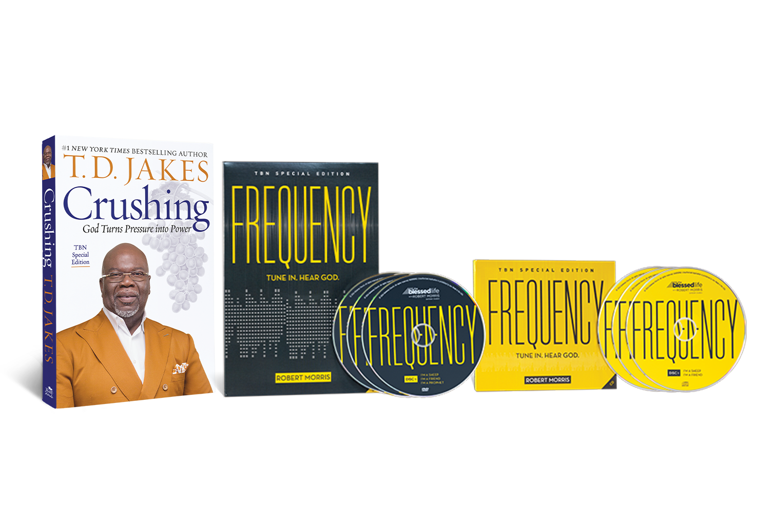 Receive Frequency on 4 CDs and Frequency on 3 DVDs from Robert Morris, and Crushing from Bishop T.D. Jakes from TBN