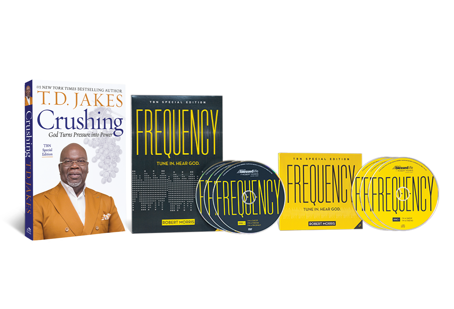 Receive Frequency on 4 CDs and Frequency on 3 DVDs from Robert Morris, and Crushing from Bishop T.D. Jakes from TBN Receive Frequency on 4 CDs and Frequency on 3 DVDs from Robert Morris, and Crushing from Bishop T.D. Jakes from TBN