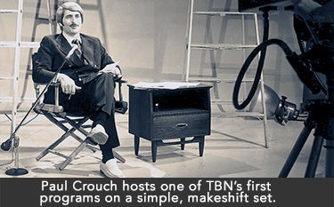 Paul Crouch hosts one of TBN's first programs on a simple makeshift set.