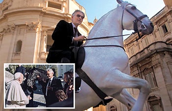 Andrea Bocelli on horse and with Pope Francis