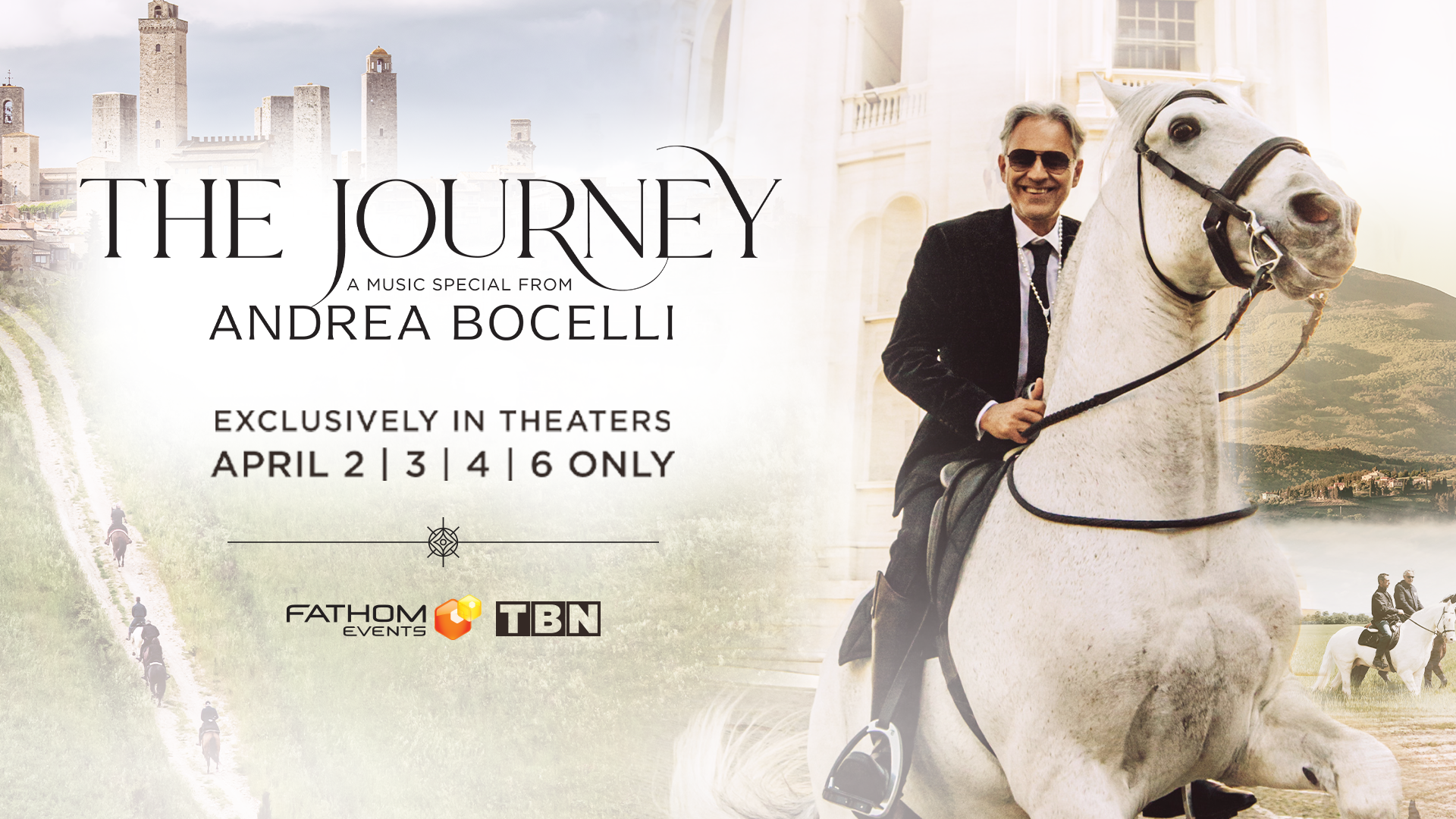 The Journey: A Music Special From Andrea Bocelli, is coming to theaters this April 2, 3, 4, and 6! Experience unforgettable performances and inspiring conversations across the magnificent Italian countryside.