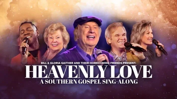 Bill and Gloria Gaither with Homecoming Friends performing 'Heavenly Love' during their Southern Convention Sing-Along, featuring over 200 gospel vocalists united in uplifting worship and harmonious praise.