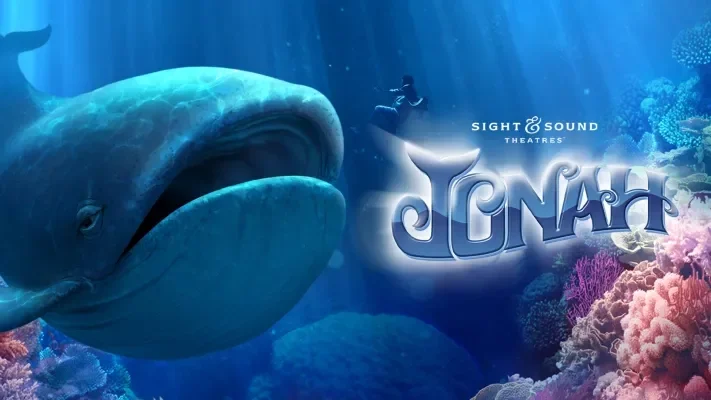 Jonah underwater with a massive whale approaching, surrounded by coral reefs and sea life from Sight & Sound Theatre's JONAH production.