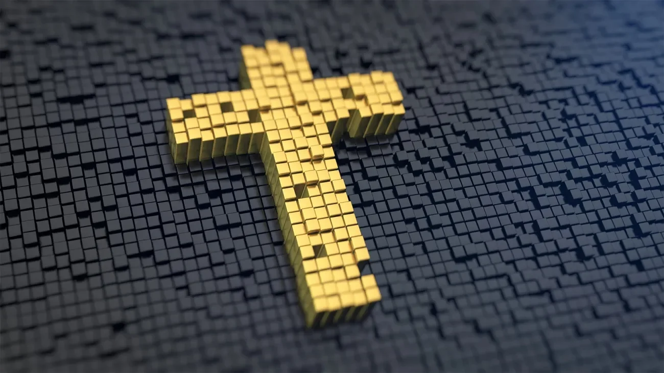 TBN TA 10x Audience Growth Golden digital cross made of 3D cubes rising from a dark grid, symbolizing faith and technology coming together.